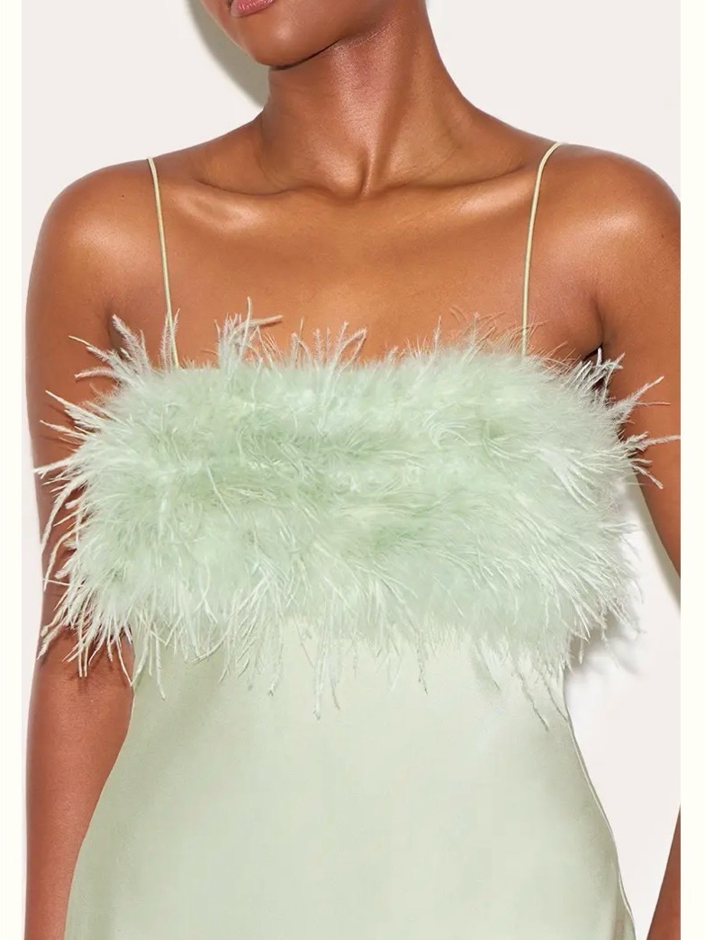 NWT PrettyLittleThing Pale Green Feather-Trim Slip Maxi Dress - Picture 4 of 7